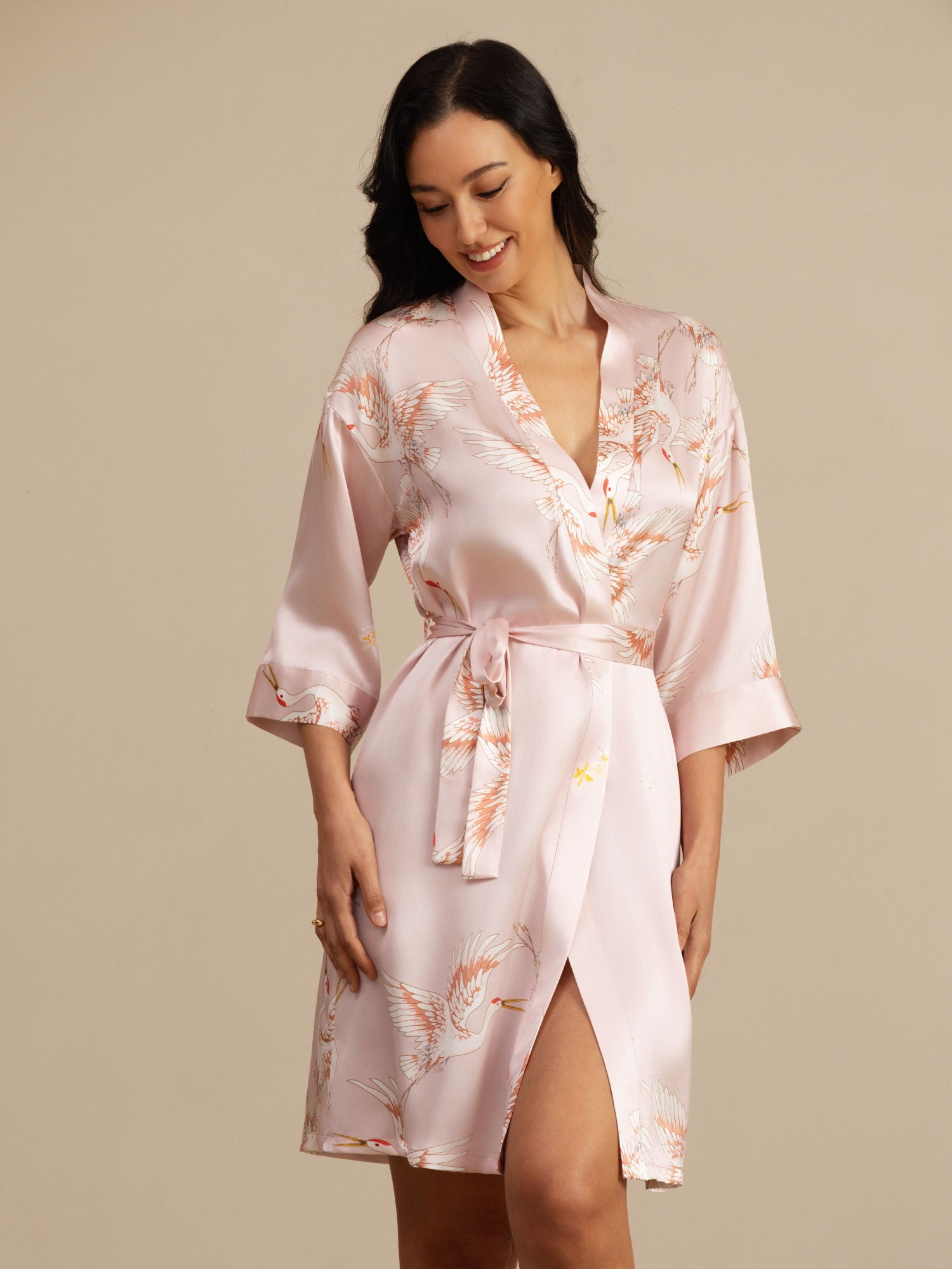 [Pink] SilkSilky  19Momme 3/4 Sleeve Women's Robe 001