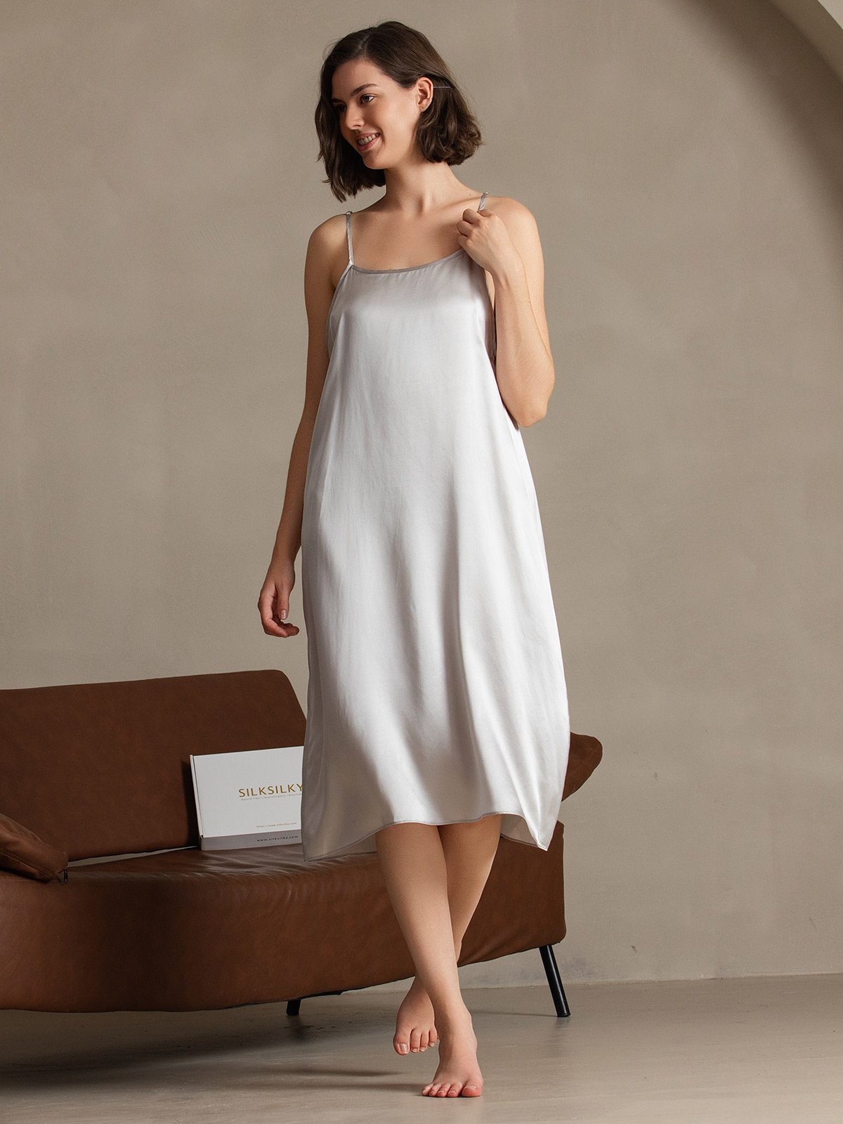 [Light Gray] SilkSilky  19Momme Silk Square Neck Dress 006