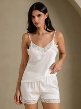 [White] SilkSilky  Spaghetti Strap V Neck Camisole Set 001