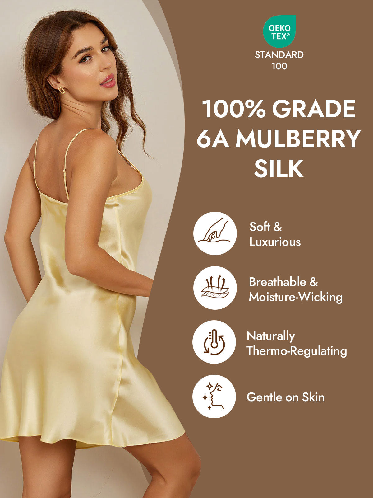 [Light Yellow] SilkSilky  Pure Silk V Neck Nightgown 004