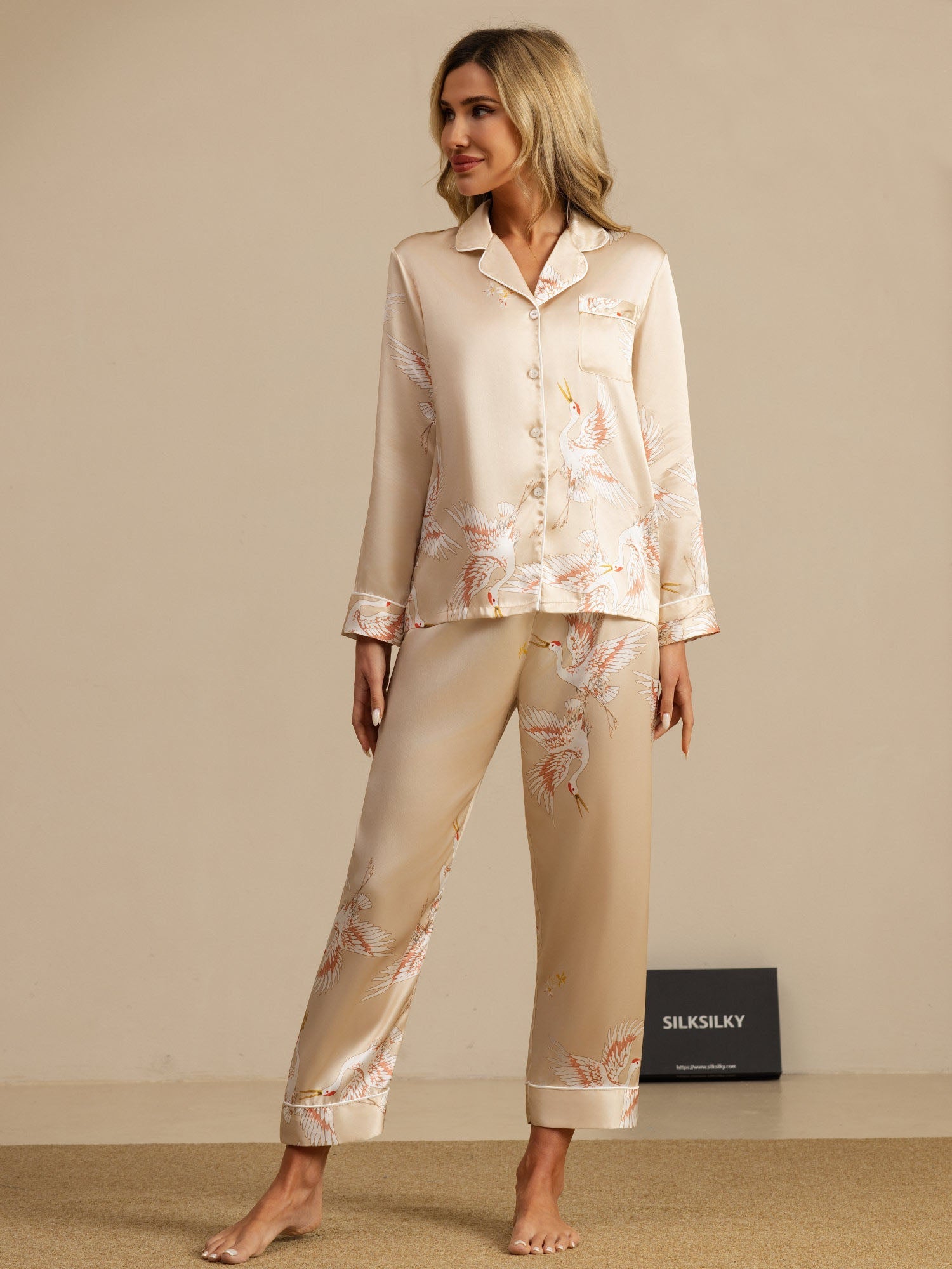 [Champagne] SilkSilky  Long Sleeve Lapel Collar Women's Pajamas 001