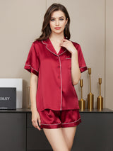 [Wine] SilkSilky  Short Sleeve Lapel Collar Women's Pajamas 001