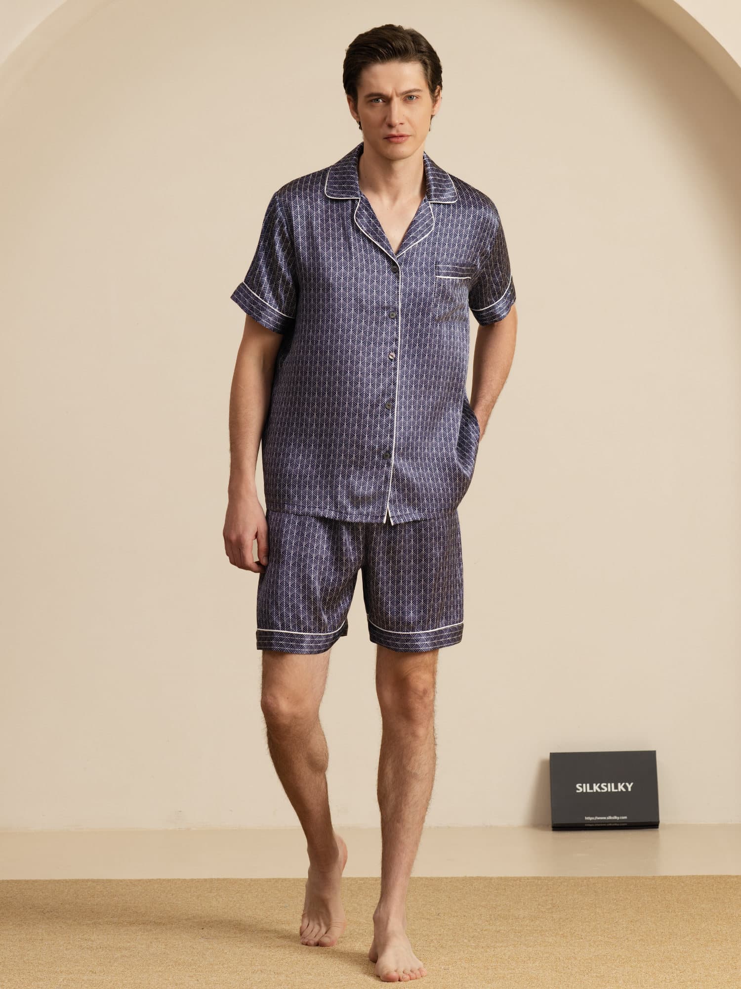 [Navy Ginkgo] SilkSilky  Short Sleeve Notch Collar Men's Pajamas 001