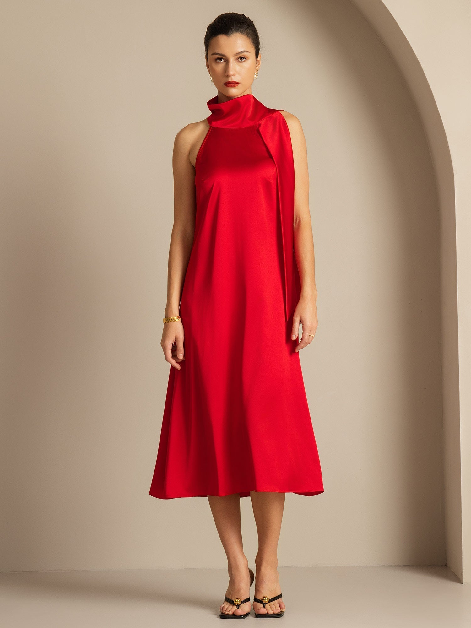 [Red] SilkSilky  19Momme Silk Tie Neck Dress 003,
