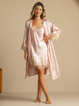 [Pink] SilkSilky  3/4 Sleeve V Neck Nightgown&Robe Set 003