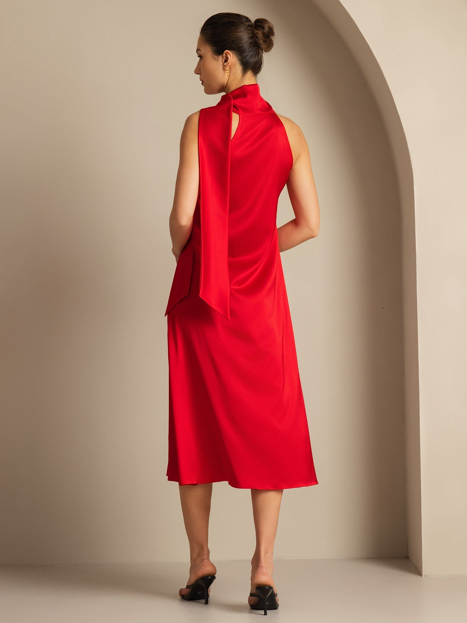 [Red] SilkSilky  19Momme Silk Tie Neck Dress 002,