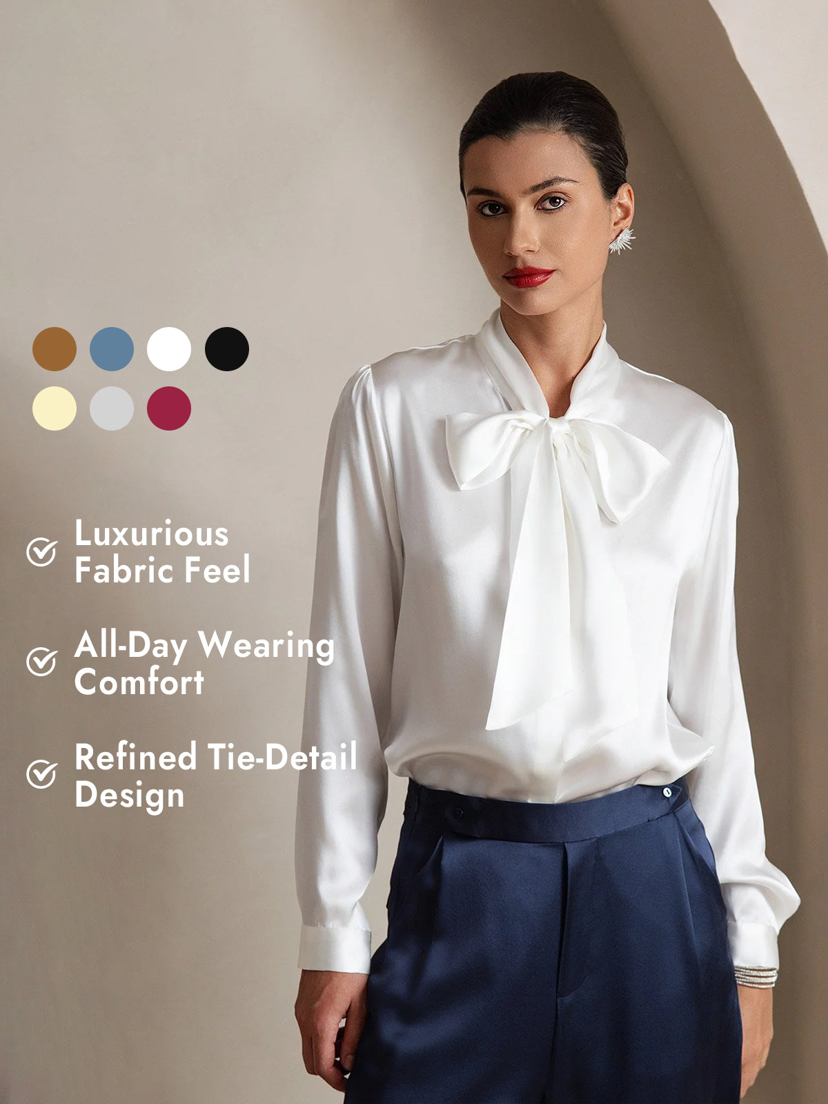 [White] SilkSilky  19Momme Silk Long Sleeve Tie Neck Blouse 001