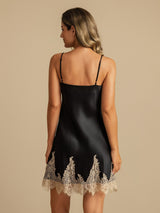 [Black+Beige] SilkSilky  Spaghetti Strap V Neck Nightgown 002