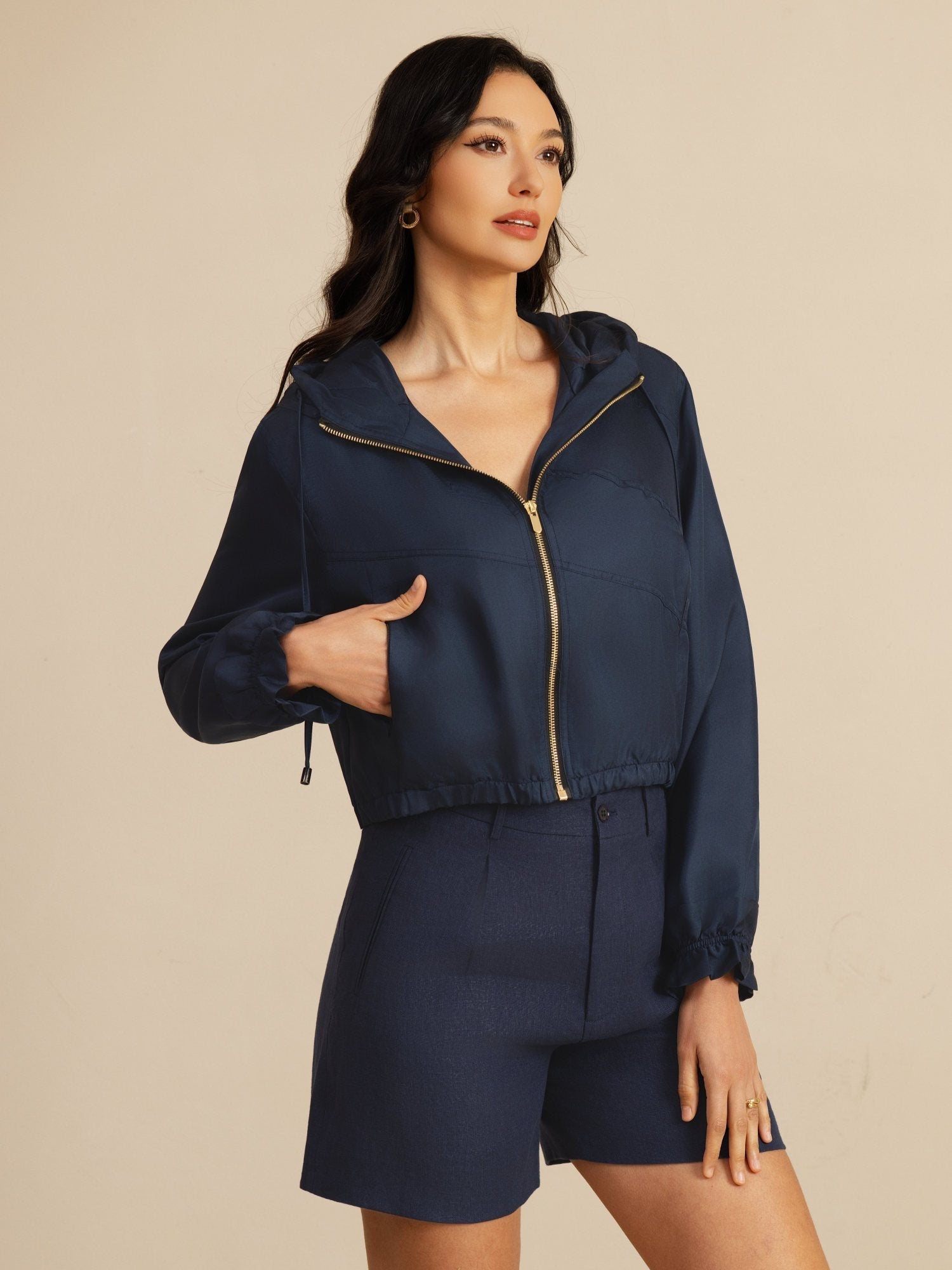 [DarkBlue] SilkSilky 18Momme Silk Satin Surah Long Sleeve High Neck Women's Outerwear 003