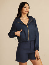 [DarkBlue] SilkSilky 18Momme Silk Satin Surah Long Sleeve High Neck Women's Outerwear 003