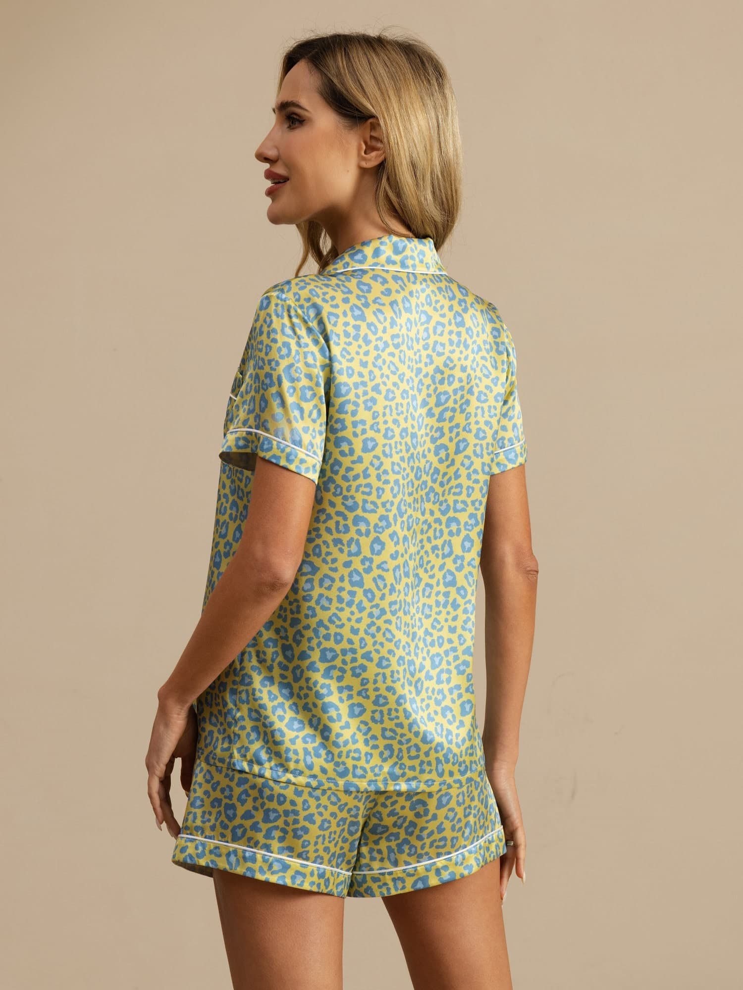 [Green Leopard] SilkSilky  19Momme Short Sleeve Notch Collar Women's Pajamas 002