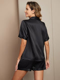 SilkSilky US Pure Silk Short Sleeve Womens Pajamas Black 002