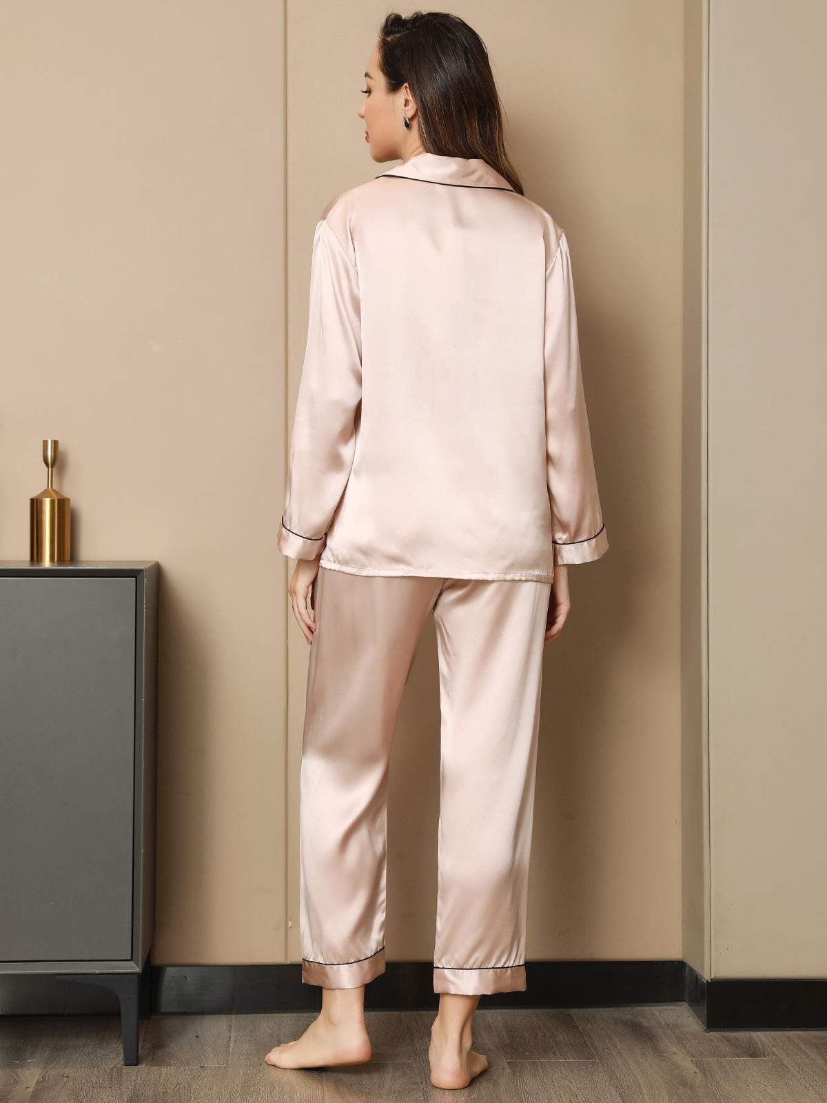 SilkSilky US Pure Silk Long Sleeve Lapel Women's Pajamas Pink 009