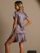 [Purple Gray] SilkSilky  Short Sleeve V Neck Nightgown 002