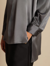 Women's silk stand collar blouse with button front and high-low hem