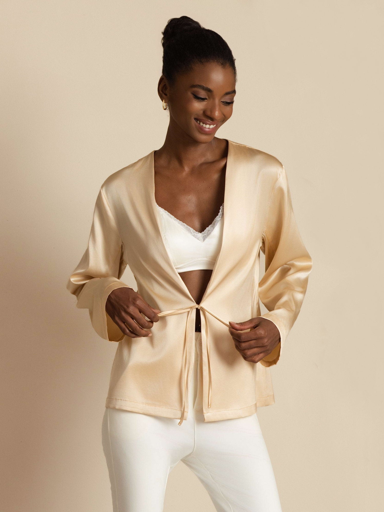 [Champagne] SilkSilky  19Momme Stretch Silk Charmeuse Long Sleeve Women's Outerwear 005