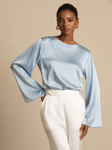 [Grayish Blue] SilkSilky  19Momme Stretch Silk Charmeuse Long Sleeve Boat Neck Blouse 003