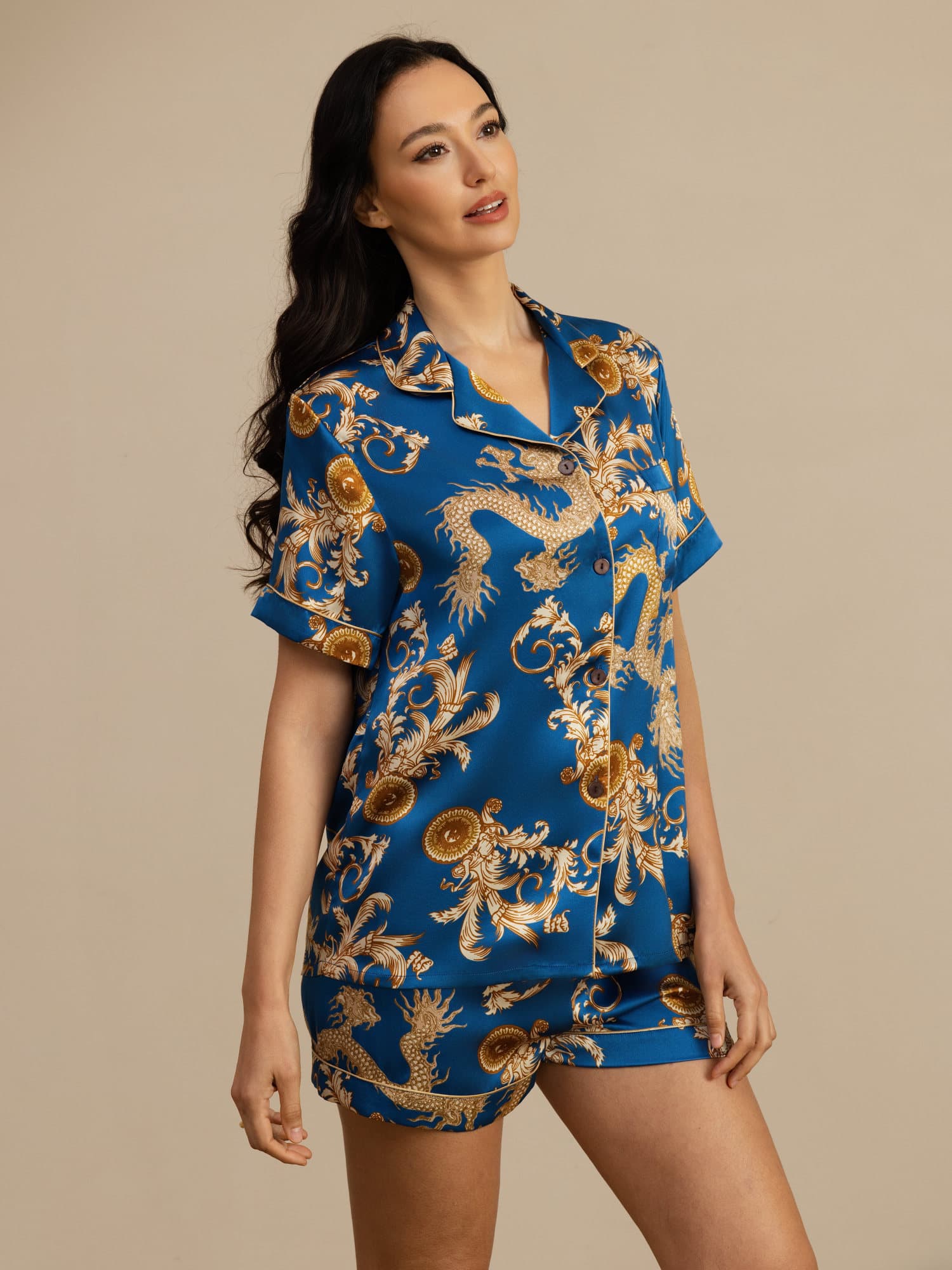 [Navy Dragon] SilkSilky  Short Sleeve Notch Collar Women's Pajamas 004