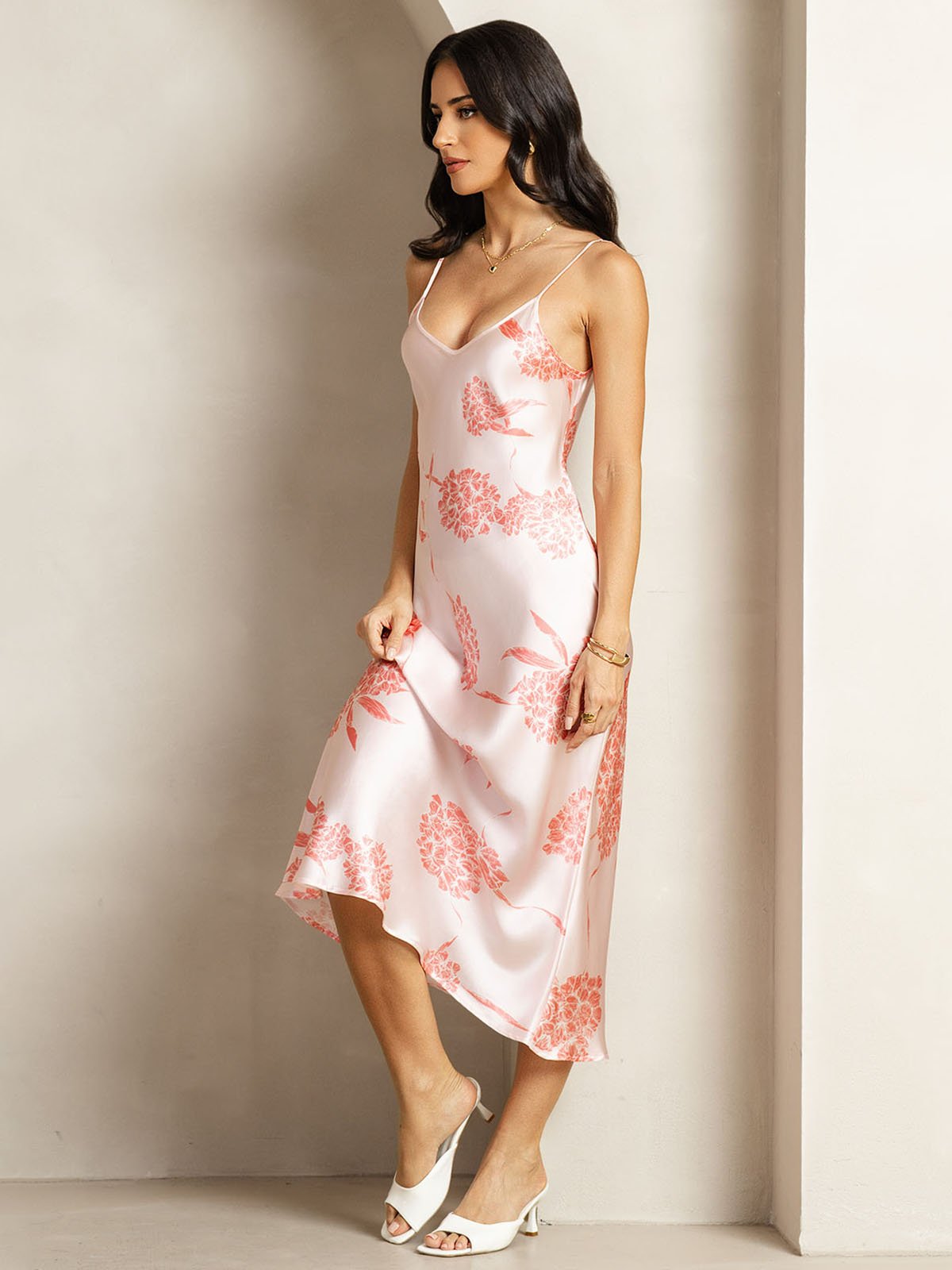 [Coral Floral] SilkSilky  19Momme Silk V Neck Dress 004