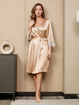 [Champagne] SilkSilky  3/4 Sleeve V Neck Nightgown&Robe Set 008