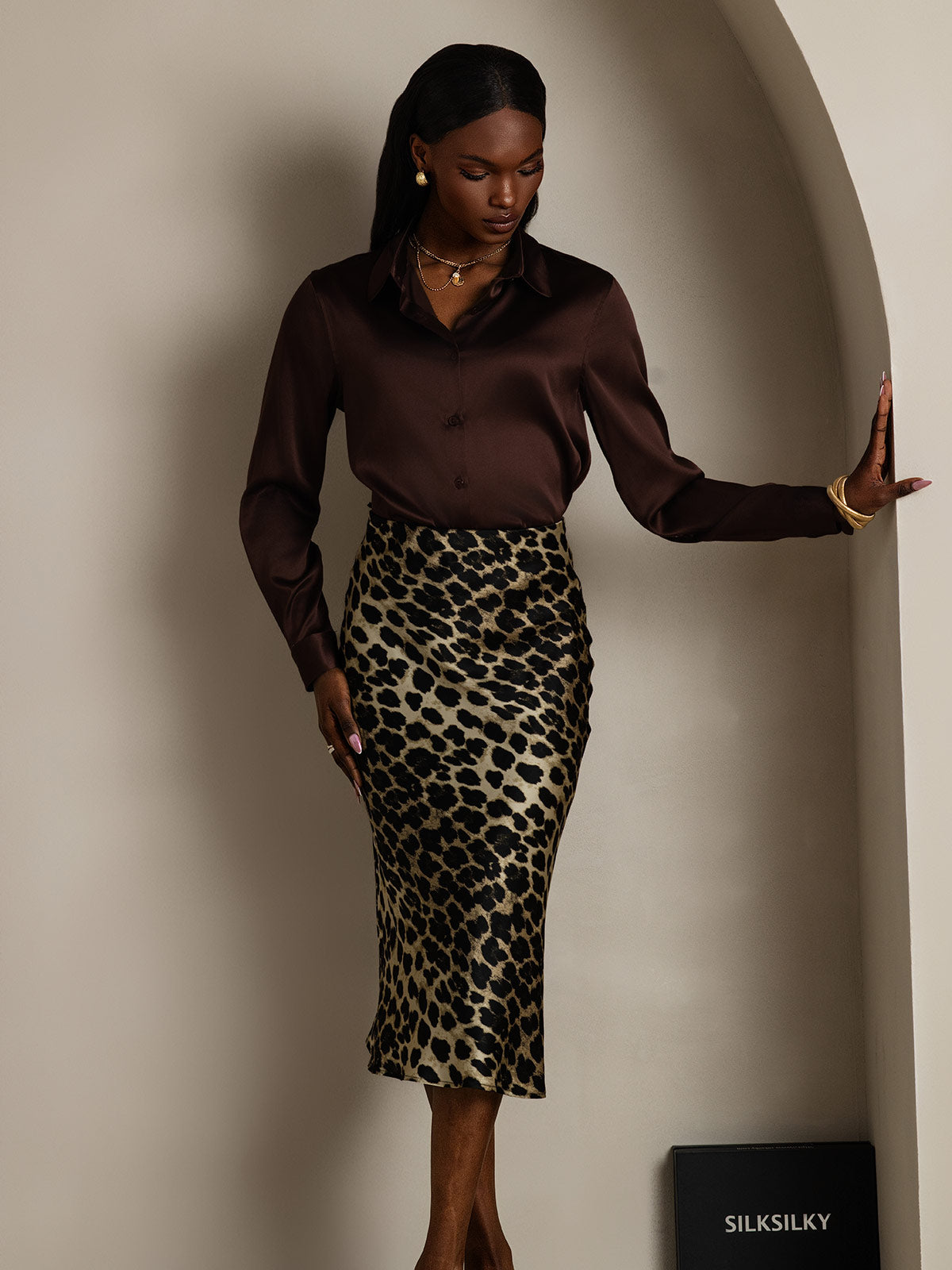 [Bitter Chocolate] SilkSilky  Silk Long Sleeve Lapel Collar Women's Shirt 005