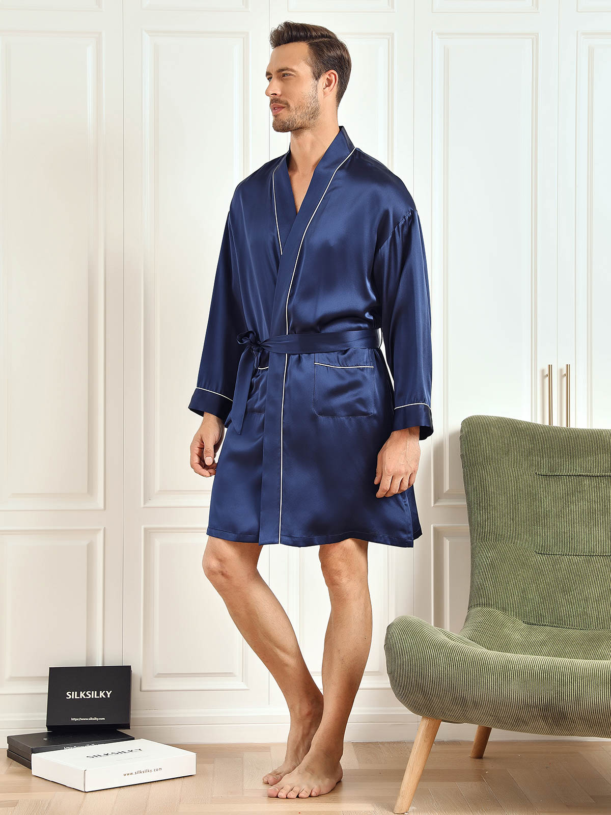 SilkSilky US Pure Silk 3/4 Sleeve Mens Robe DarkBlue 003