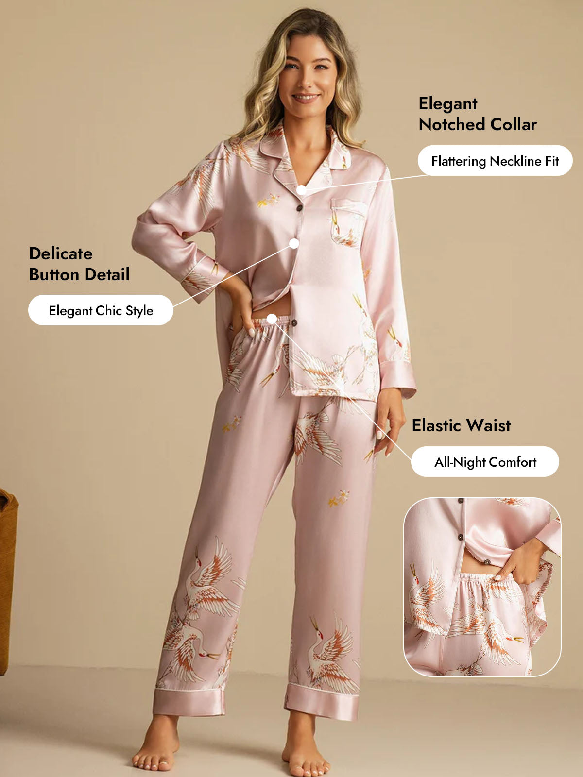 [Pink] SilkSilky  19Momme Pure Silk Long Sleeve Notch Collar Women's Pajamas 006