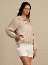 [Tan] SilkSilky Silk Satin Surah Long Sleeve High Neck Women's Outerwear 003