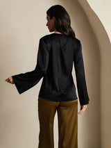[Black] SilkSilky  19Momme Stretch Silk Charmeuse Long Sleeve Boat Neck Blouse 002