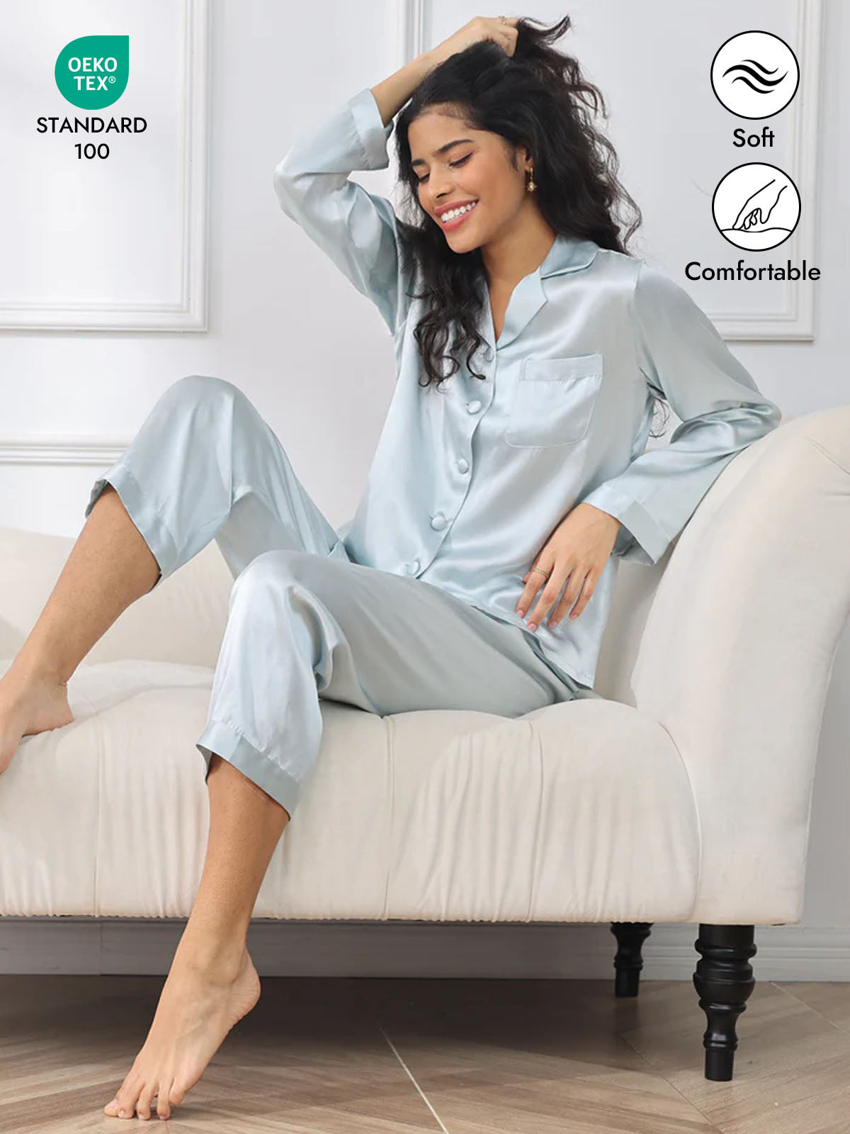 [Light Blue] SilkSilky  Pure Silk Long Sleeve Notch Collar Women's Pajamas 001