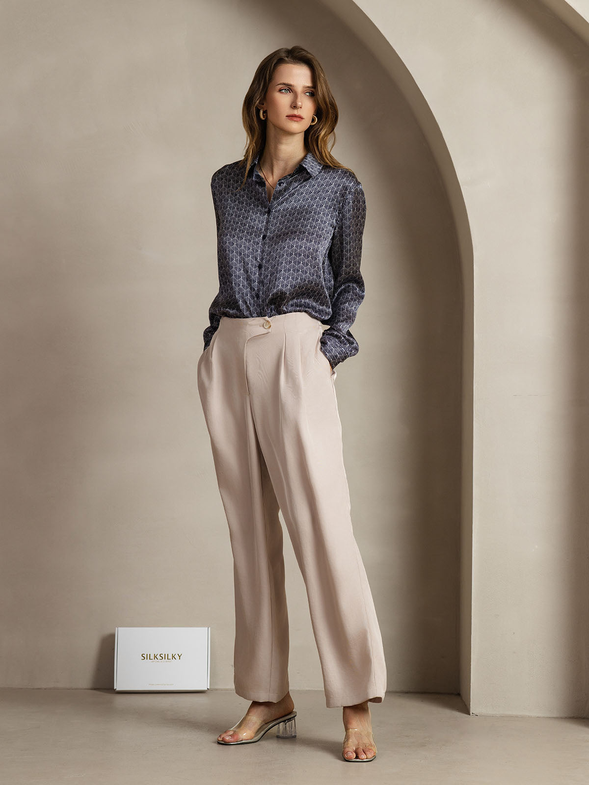 [Navy Ginkgo] SilkSilky  Long Sleeve Lapel Collar Women's Shirt 003