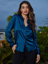 [Teal] SilkSilky  Long Sleeve Lapel Collar Women's Shirts 001