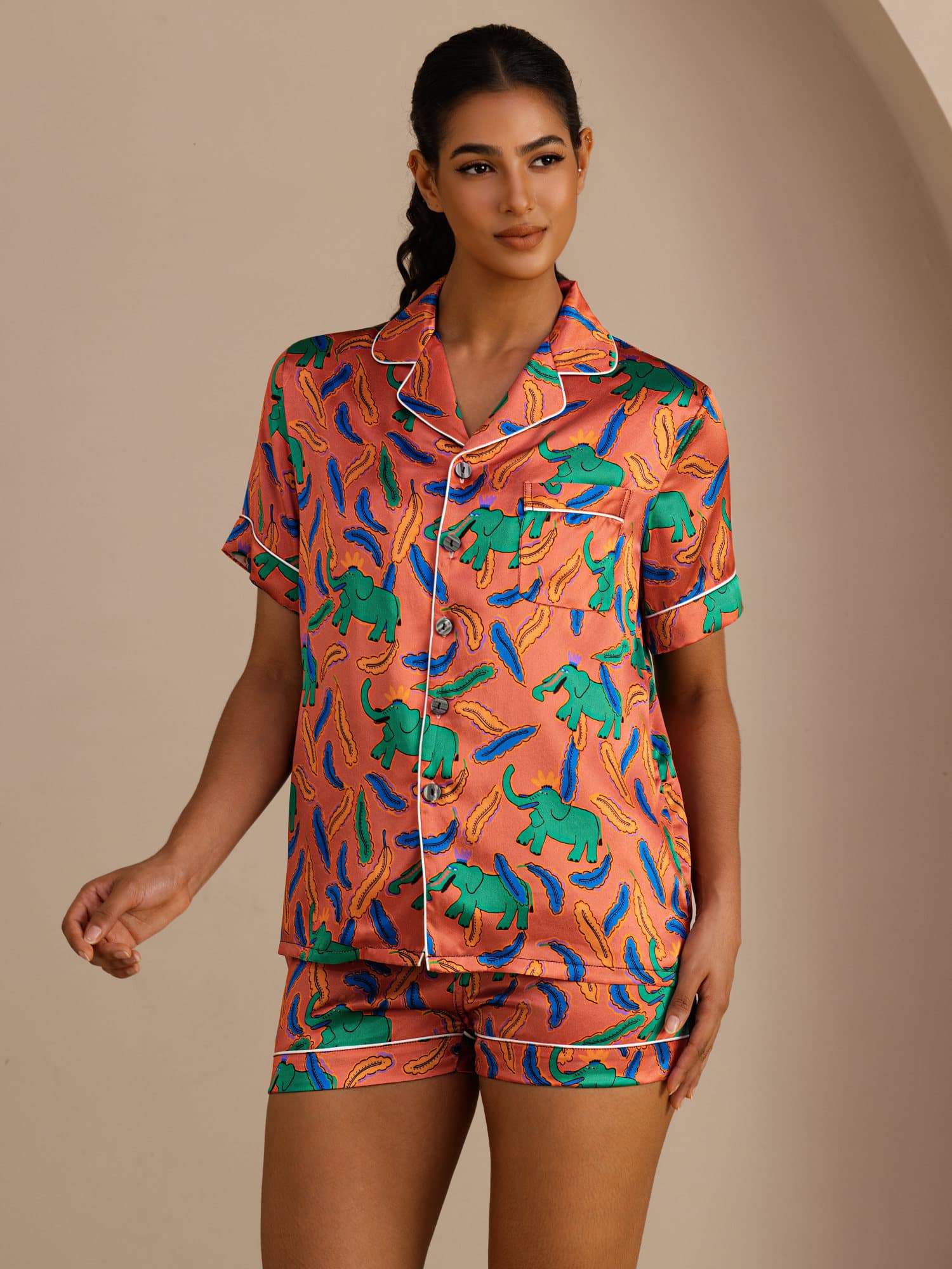 [Clay Elephant] SilkSilky  Short Sleeve Lapel Collar Women's Pajamas 001