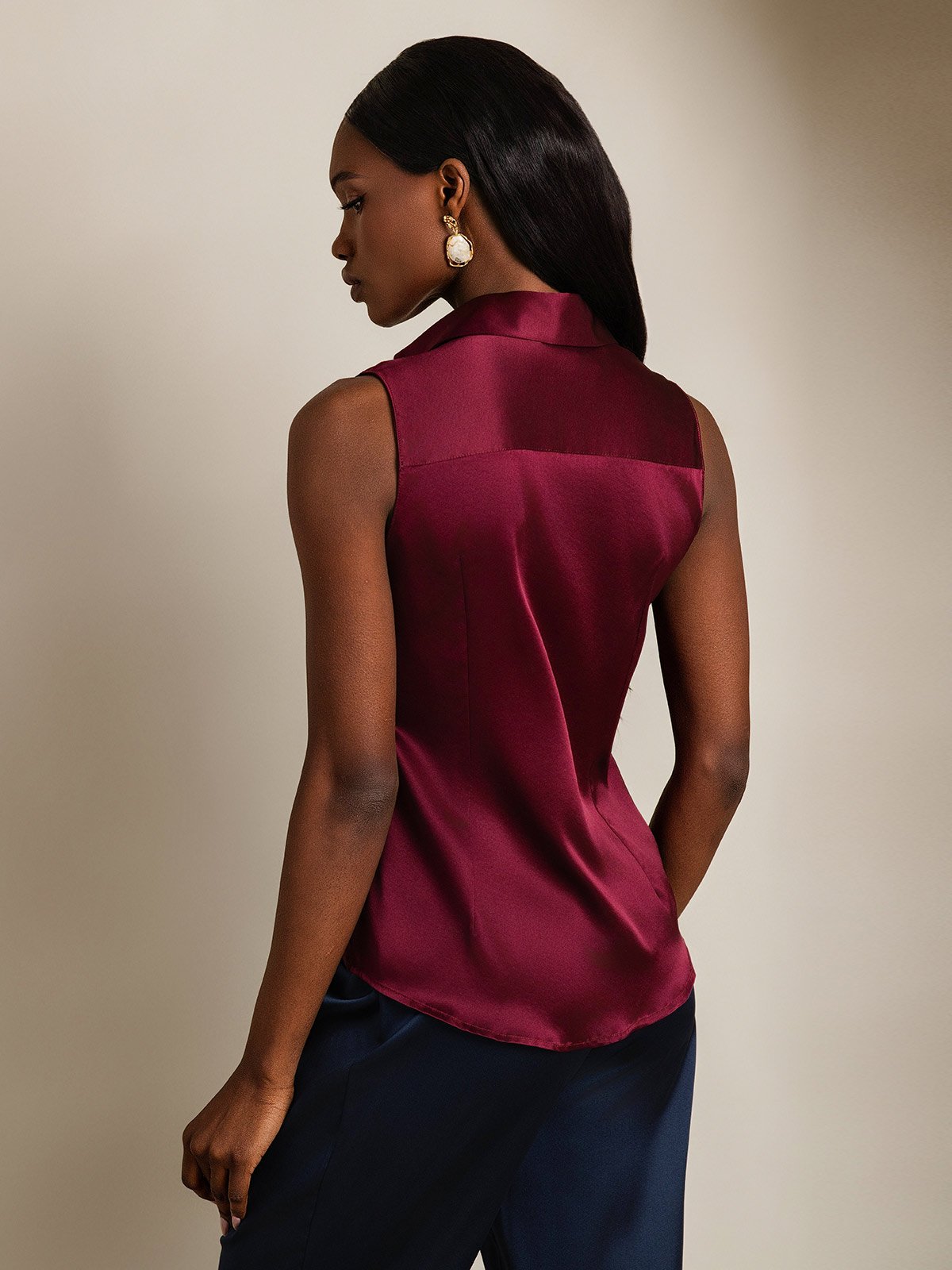 SilkSilky 19Momme Silk Sleeveless Collar Women's Shirt DarkRed 002
