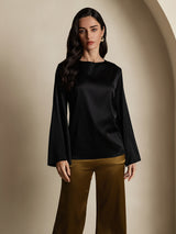 [Black] SilkSilky  19Momme Stretch Silk Charmeuse Long Sleeve Boat Neck Blouse 003