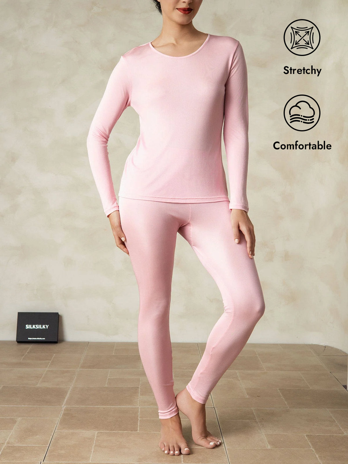 [Pink] SilkSilky  Silk Long Sleeve Round Neck Long Johns 001