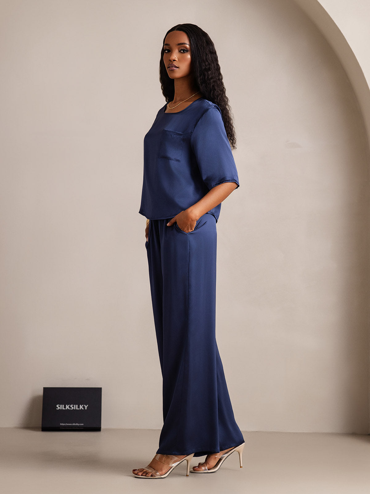 [Dark Blue] SilkSilky  Half Sleeve Round Neck Women's Pajamas 004