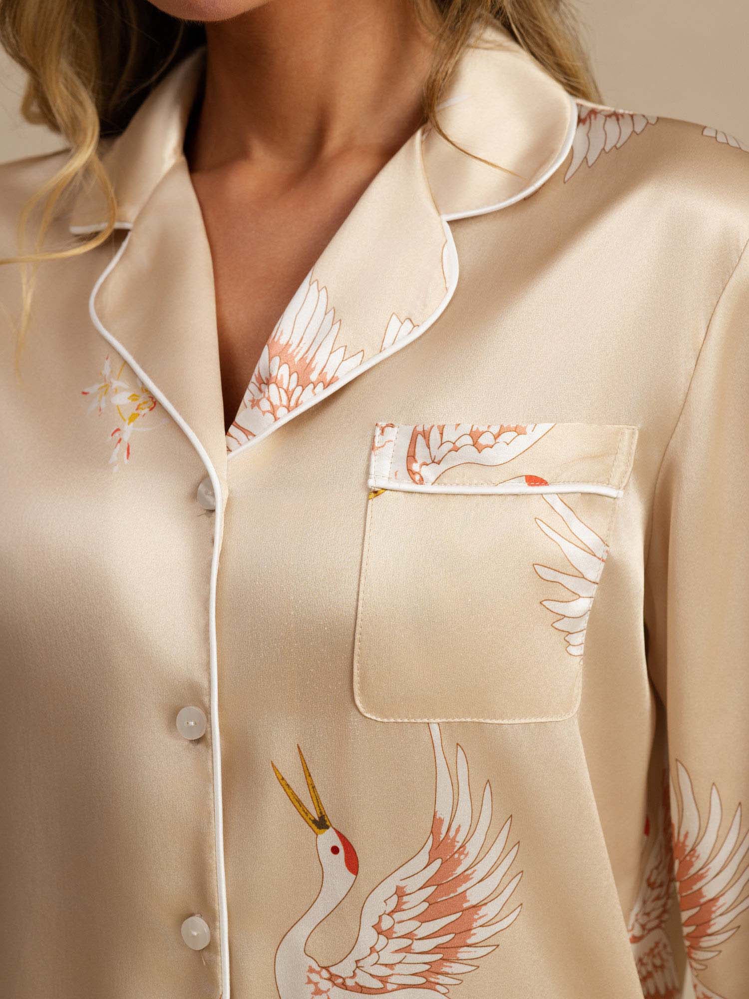 [Champagne] SilkSilky  19Momme Long Sleeve Notch Collar Women's Pajamas 004