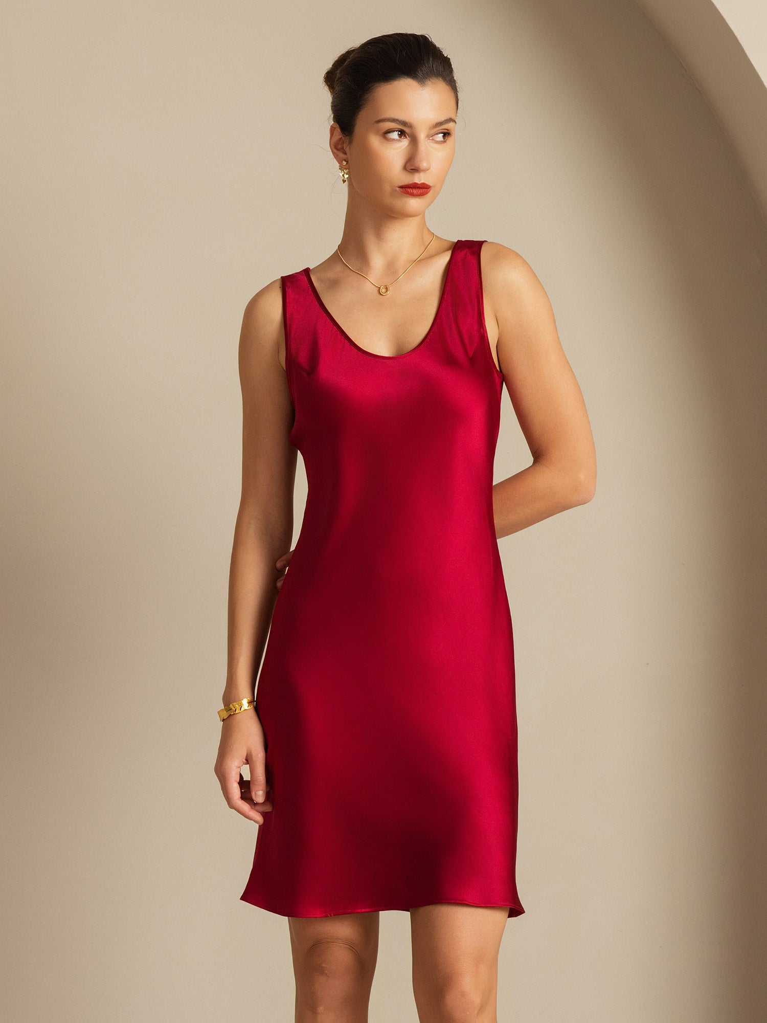 [Wine] SilkSilky  Pure Silk Round Neck Dress 007,