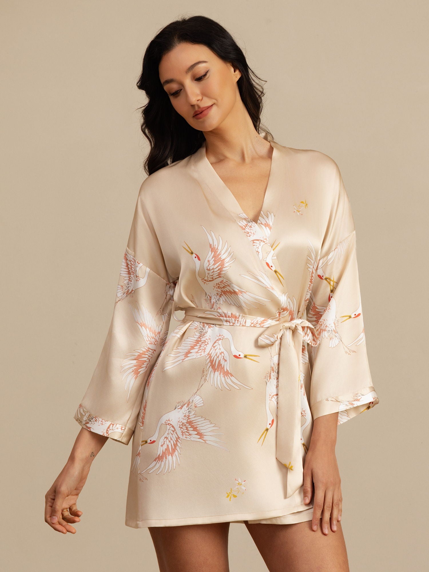 [Champagne] SilkSilky  19Momme 3/4 Sleeve Women's Robe 001