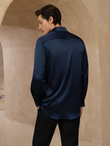 [Dark Blue] SilkSilky 19Momme Stretch Silk Charmeuse Long Sleeve Lapel Collar Men's Shirt 002