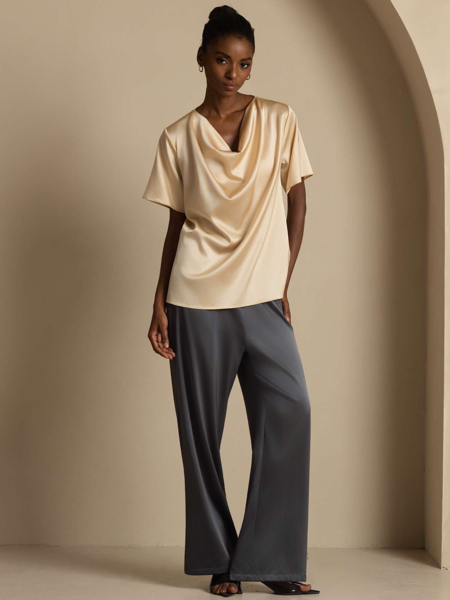 [Champagne] SilkSilky  19Momme Silk Short Sleeve Cowl Neck Blouse 006