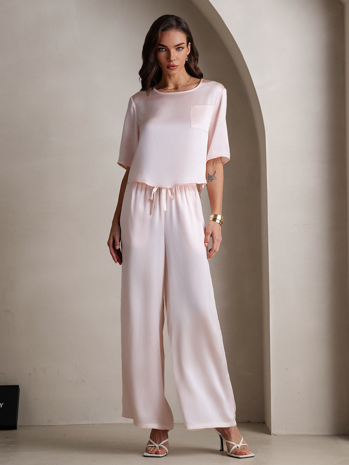 [Pink] SilkSilky  Half Sleeve Round Neck Women's Pajamas 001