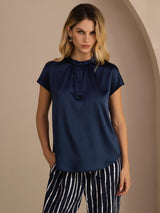 [Dark Blue] SilkSilky Short Sleeve Split Women's Blouse 003