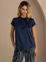 [Dark Blue] SilkSilky  Short Sleeve Split Women's Blouse 003