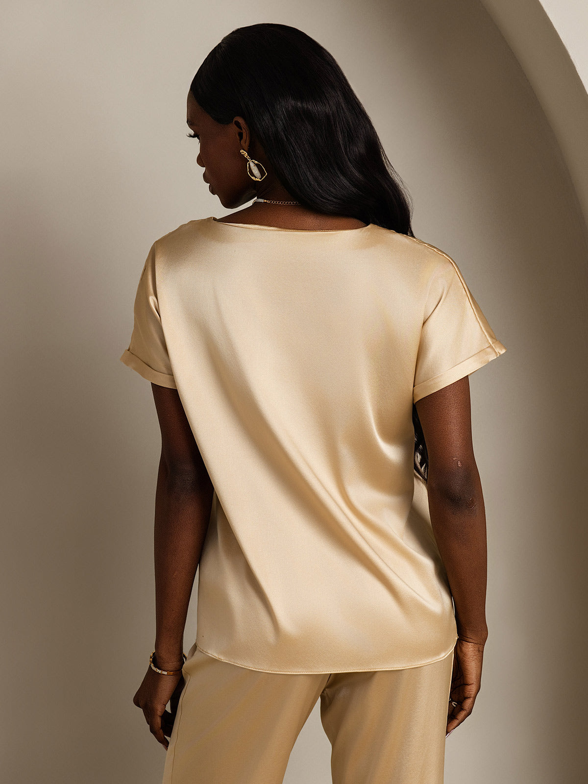 [Champagne] SilkSilky  19Momme Silk Round Neck Women's T-Shirt 002,