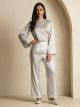 [Light Gray] SilkSilky  19Momme Stretch Silk Charmeuse Long Sleeve Boat Neck Blouse 007