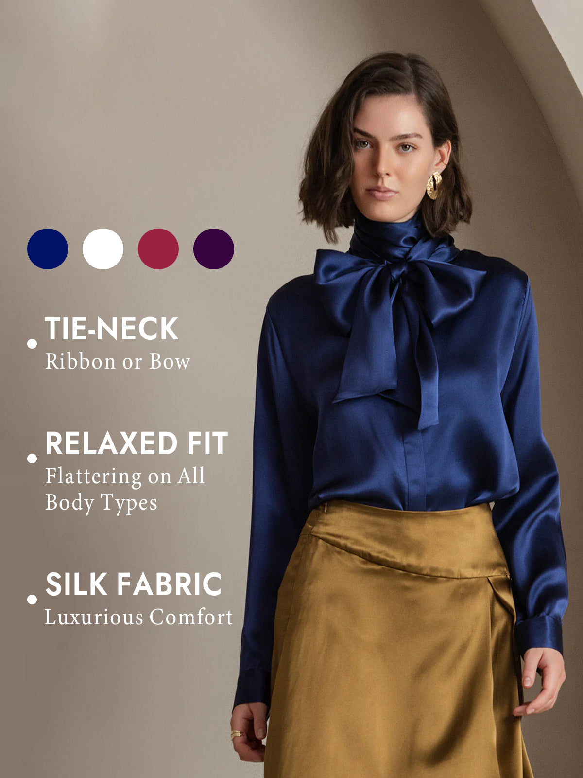 [Dark Blue] SilkSilky  19Momme Silk Long Sleeve Tie Neck Blouse 001