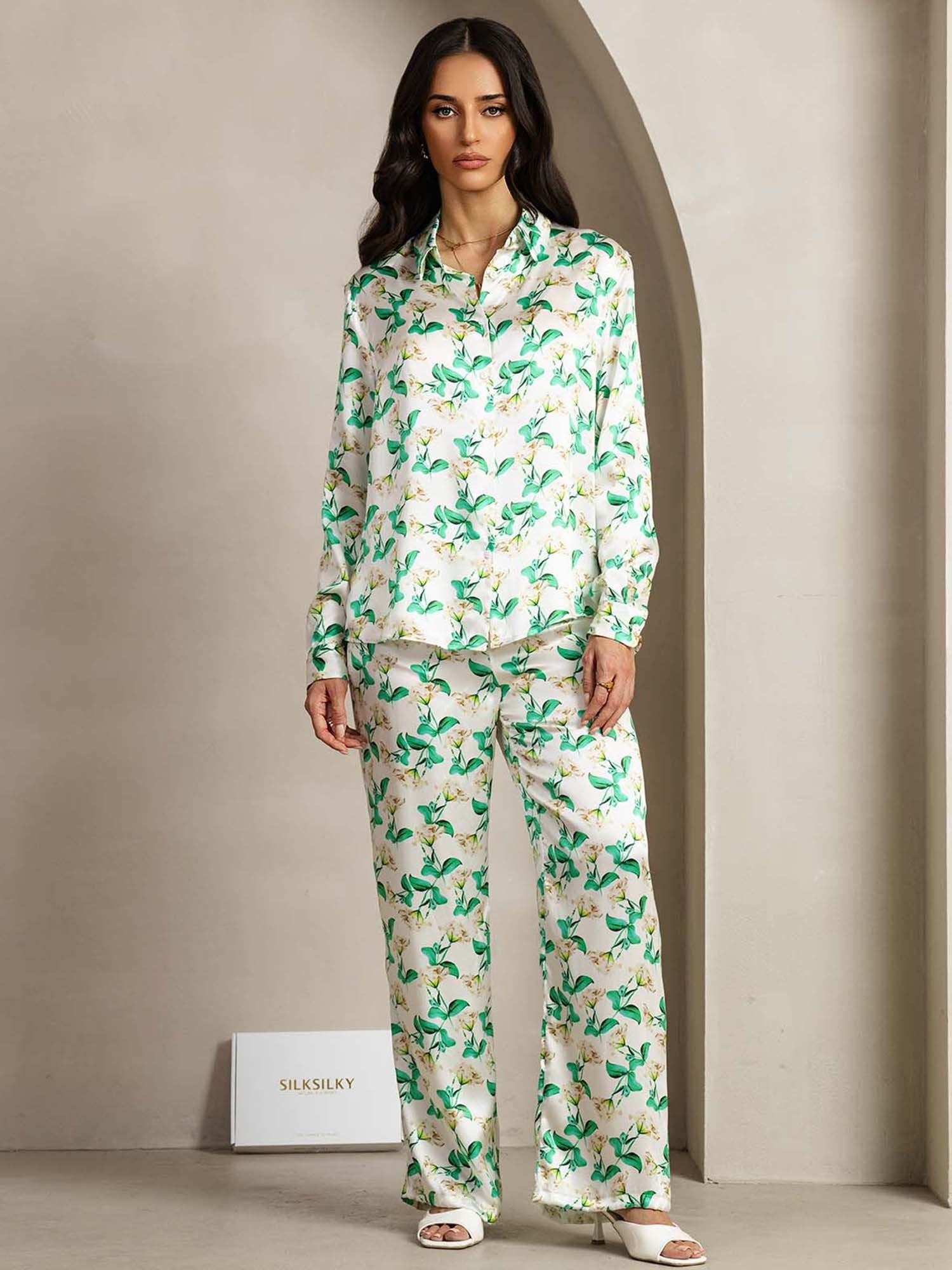 [Green Floral] SilkSilky  19Momme Silk Lapel Collar Women''s Outfit Sets 001