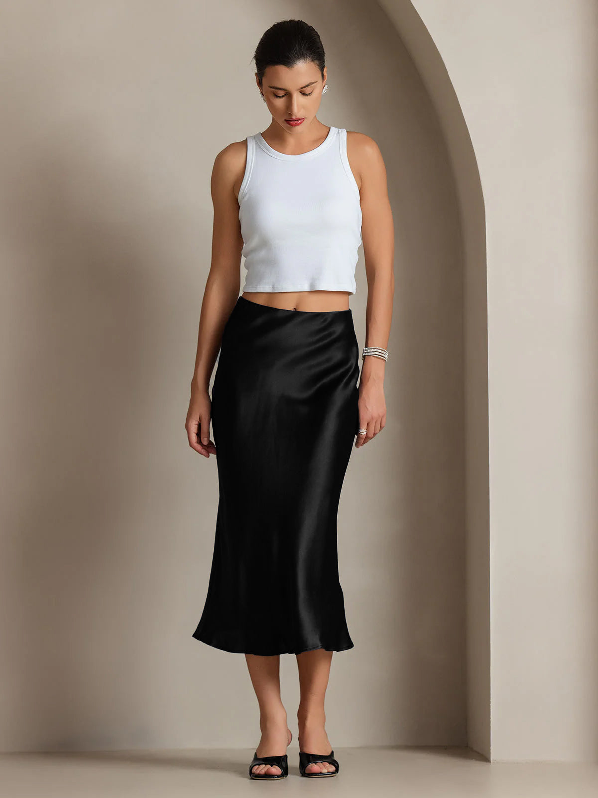 [Black] SilkSilky  19Momme Pure Silk Skirt 003,